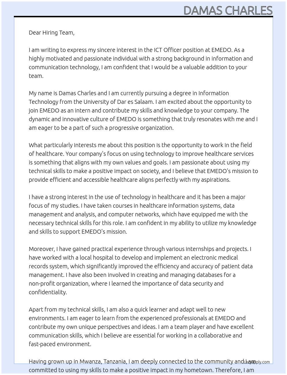 ICT Officer At EMEDO Cover Letter