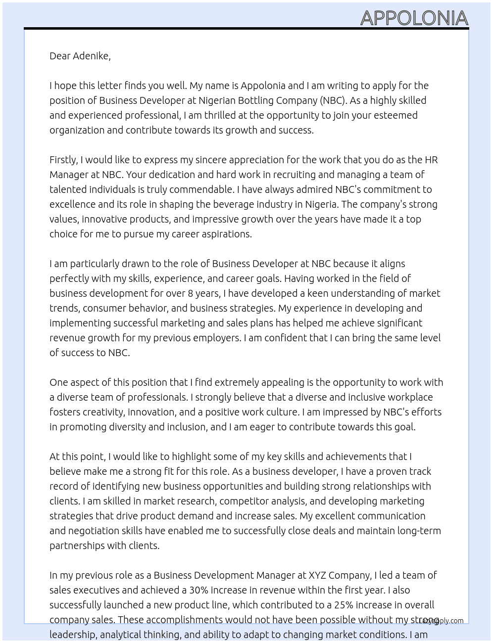 Business developer  At Nigerian Bottling company (NBC) Cover Letter
