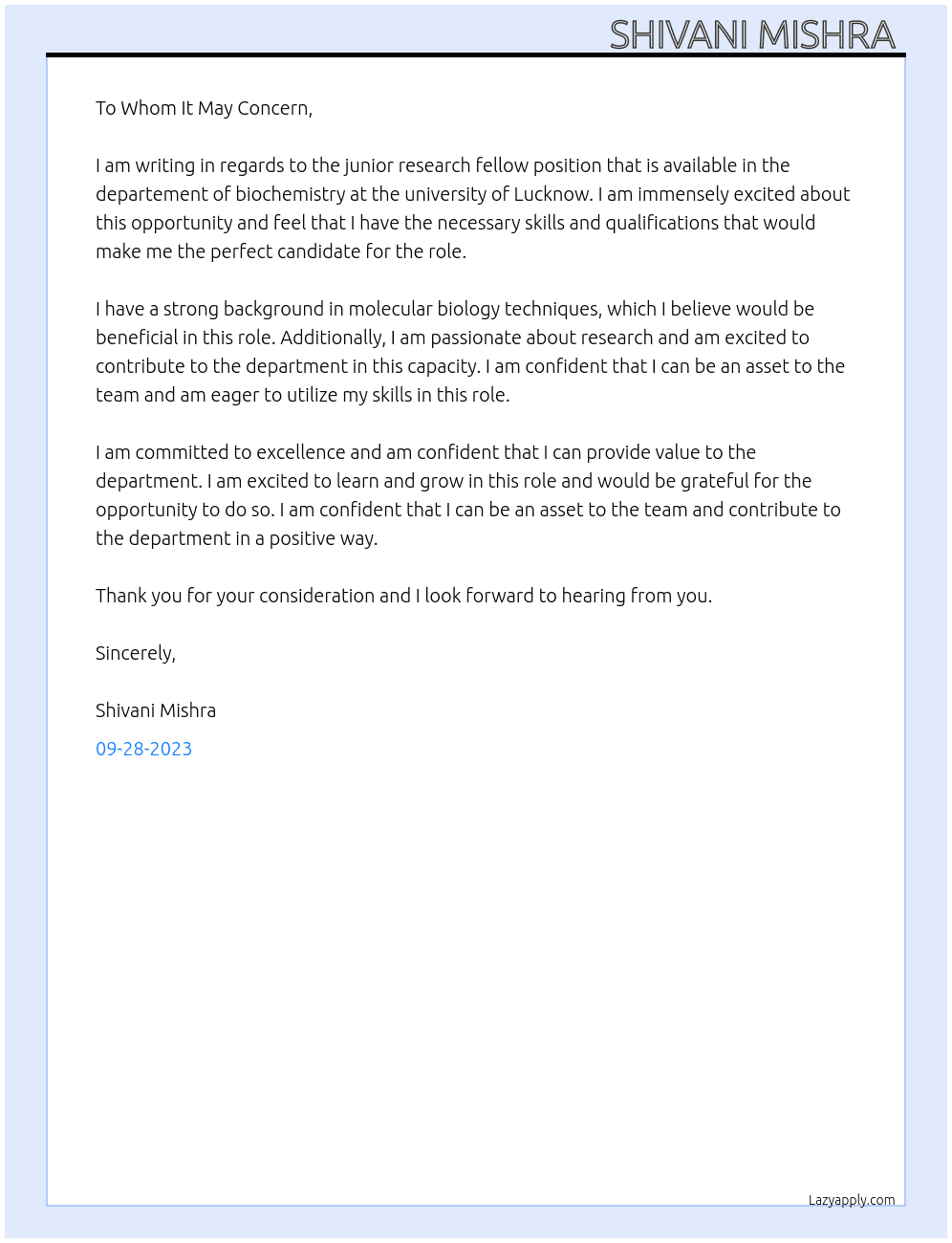 Junior Research fellow  At Project position  Cover Letter
