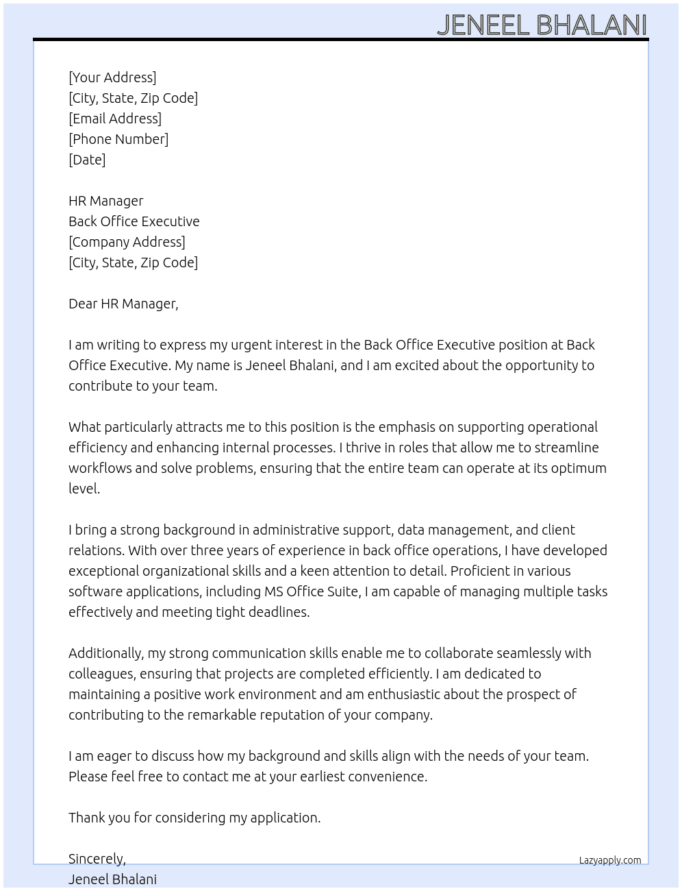 Cover letter for back office exicutive - LazyApply