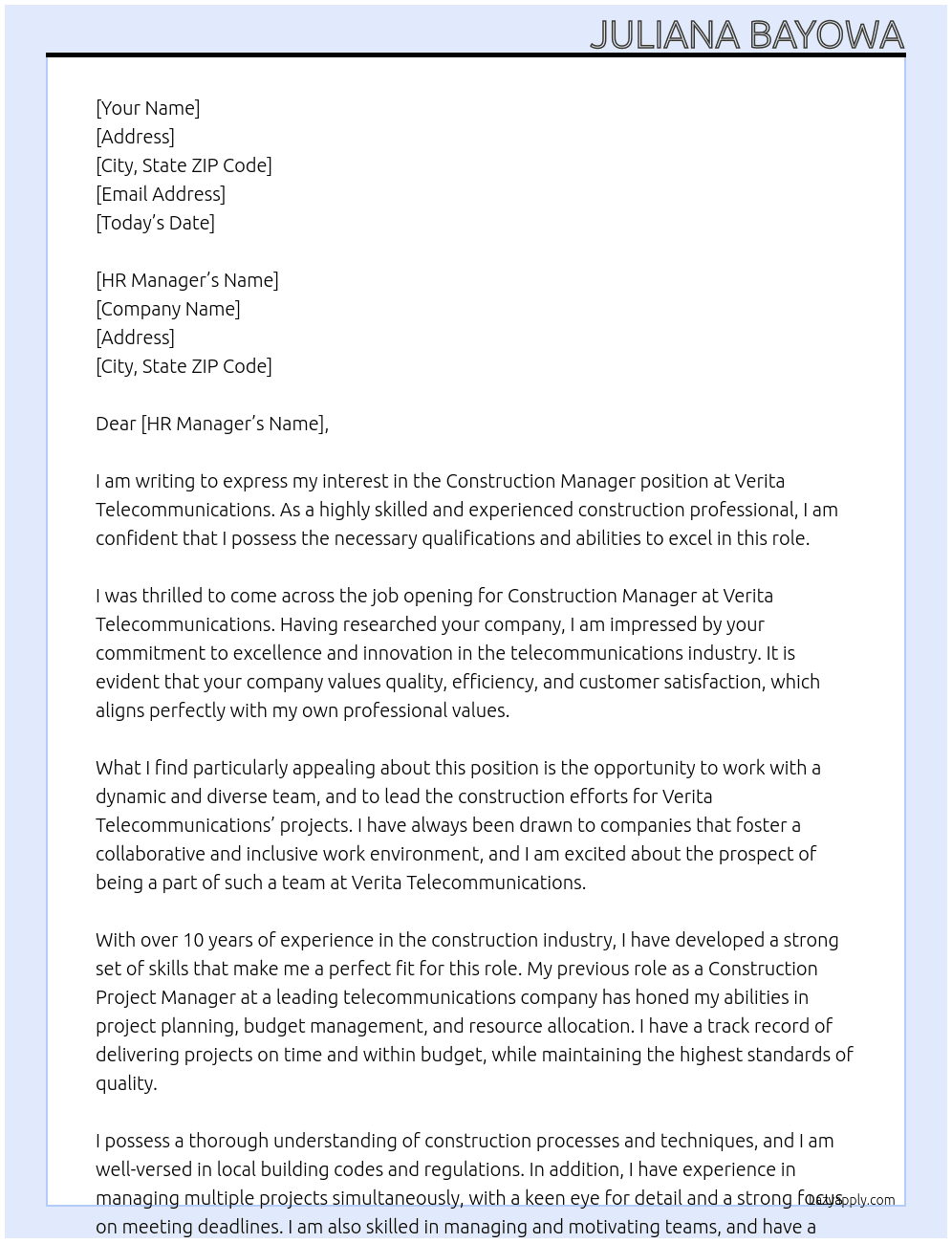 Construction Manager At Verita Telecommunications Cover Letter