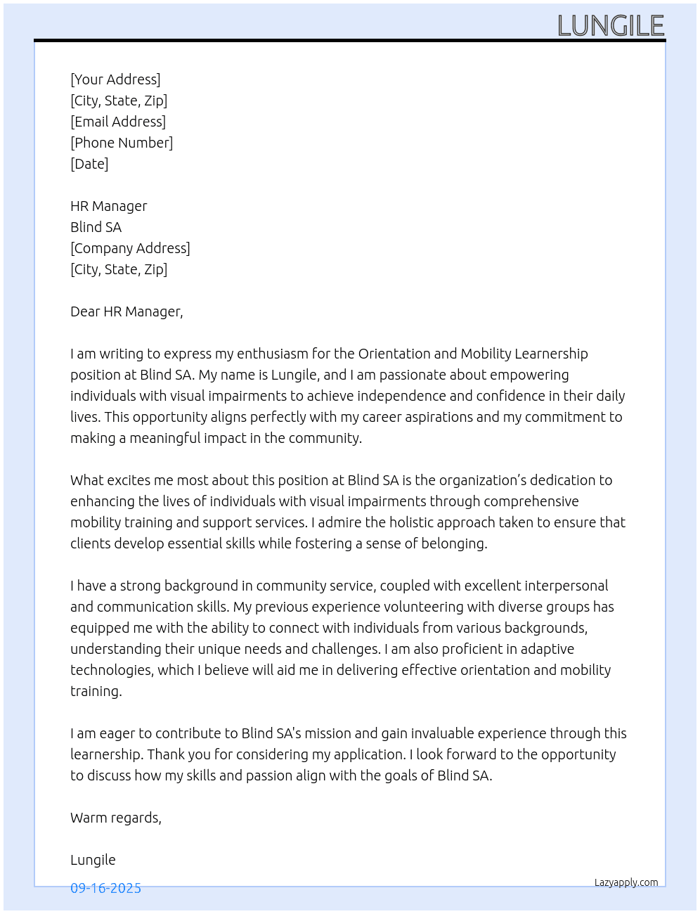 Orientation and Mobility Learnership At Blind SA Cover Letter