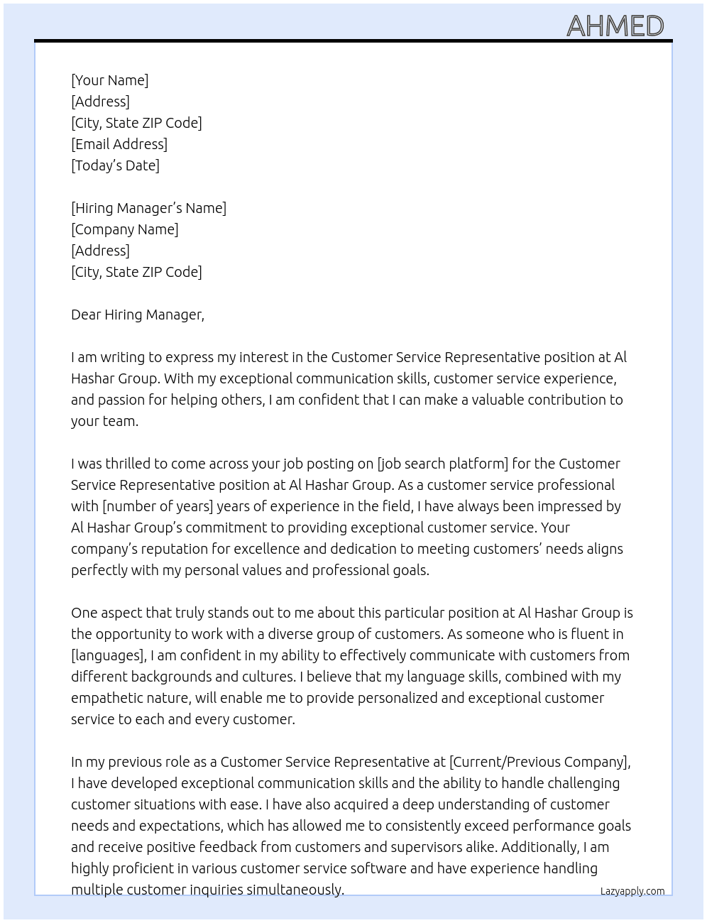 Customer service representative  At Al hashar group Cover Letter