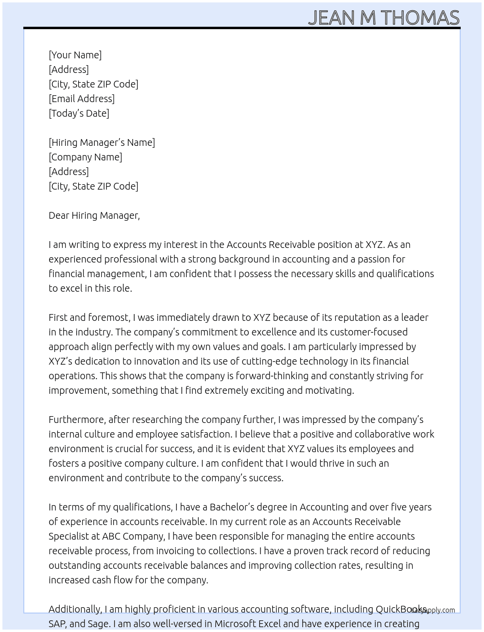 Accounts Receivable At XYZ Cover Letter