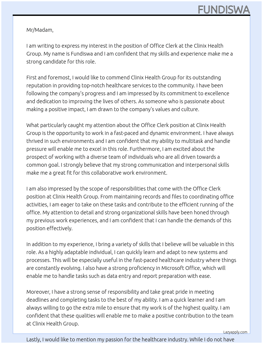 Office clerk At Clinix Health Group Cover Letter
