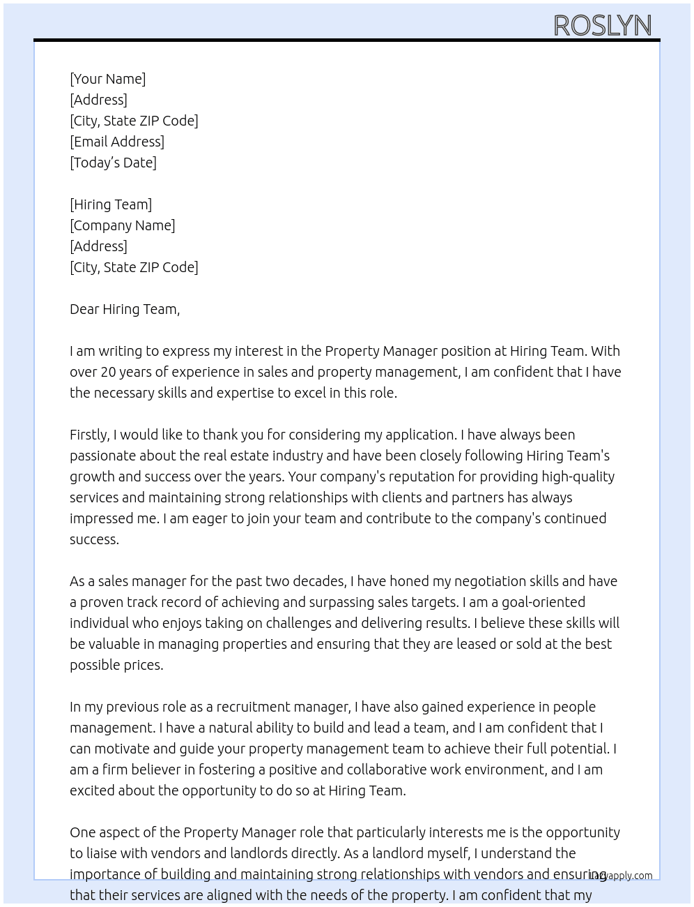 Property manager  At Hiring Team  Cover Letter