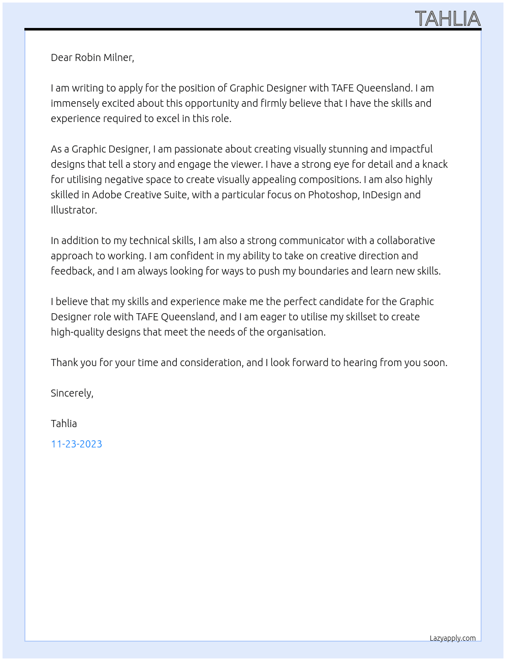 Graphic Designer At TAFE Queensland Cover Letter