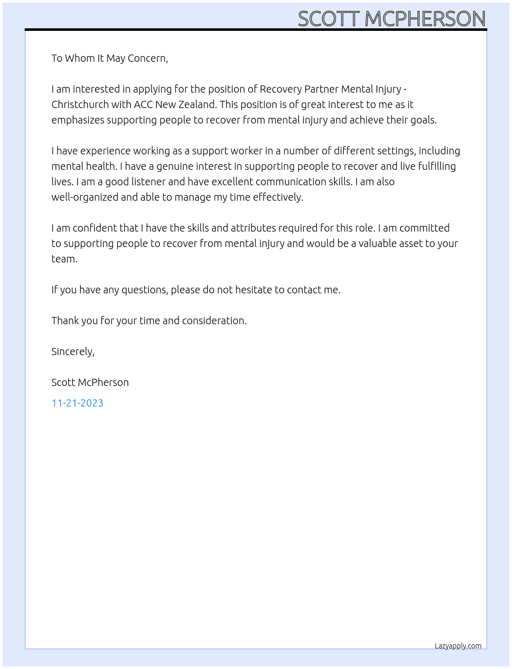 Recovery Partner Mental Injury - Christchurch At ACC New Zealand Cover Letter