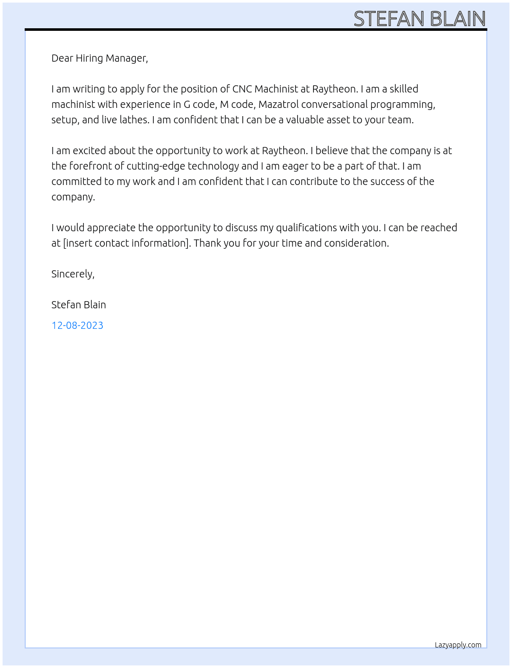 CNC Machinist At Raytheon Cover Letter