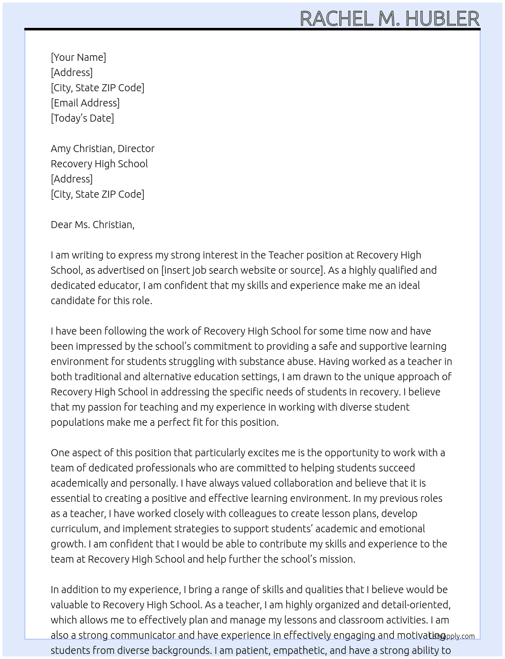 Teacher At Recovery High School Cover Letter