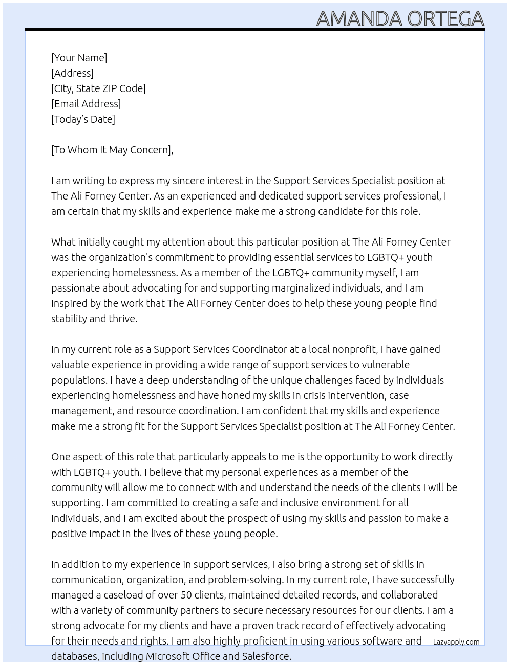 support services specialist At the ali forney center Cover Letter