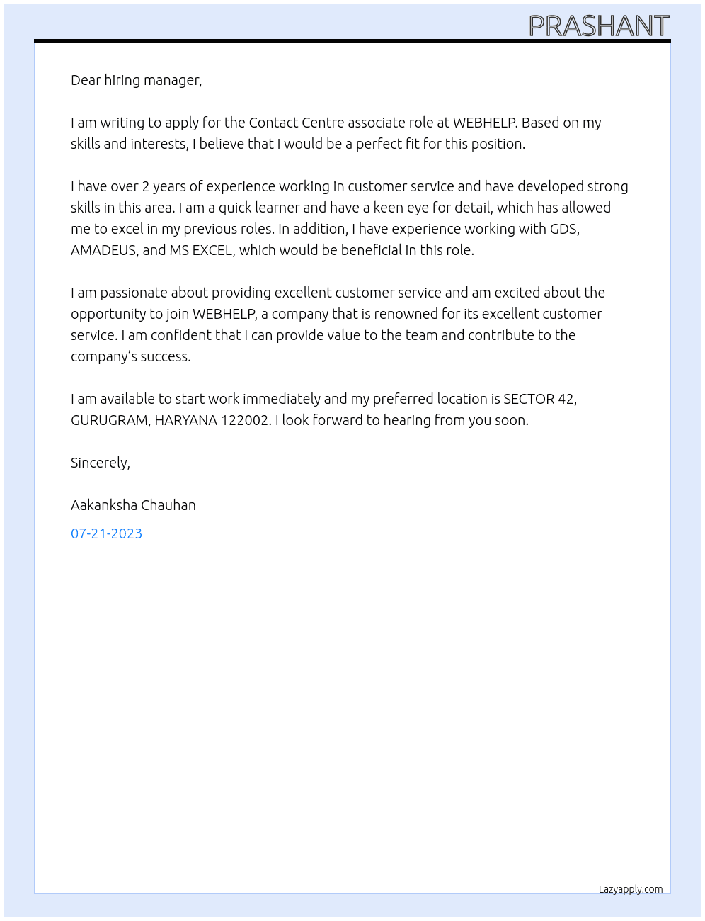 Contact Centre associate At WEBHELP Cover Letter