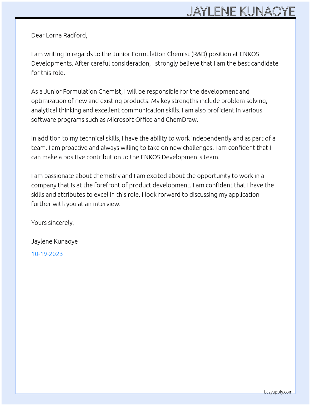 Junior Formulation Chemist (R&D) At ENKOS Developments Cover Letter