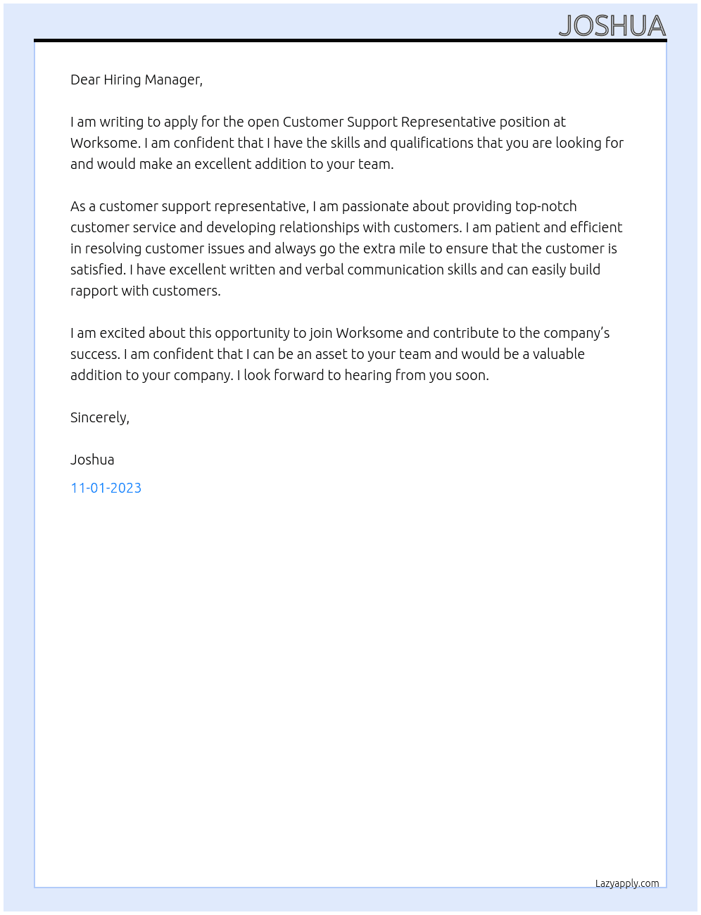 Customer Support Representative At Worksome Cover Letter