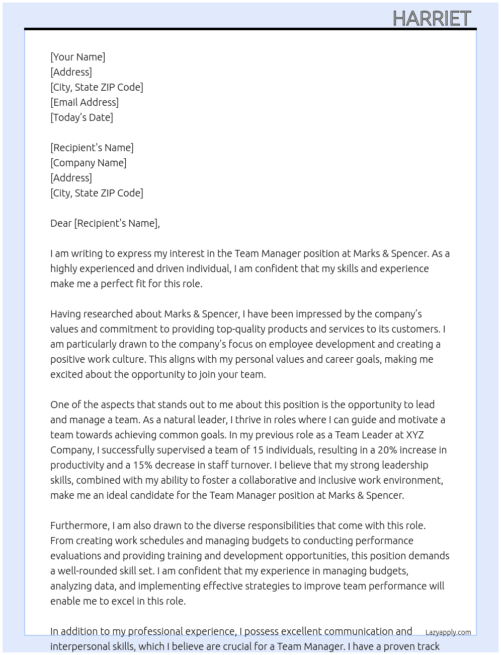 Team Manager At Marks & Spencer Cover Letter