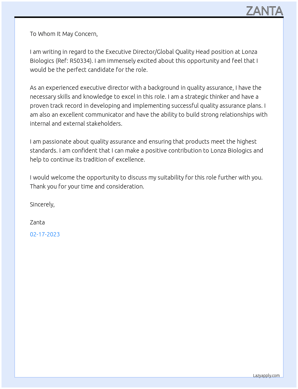 Cover letter for executive director, global quality head - LazyApply