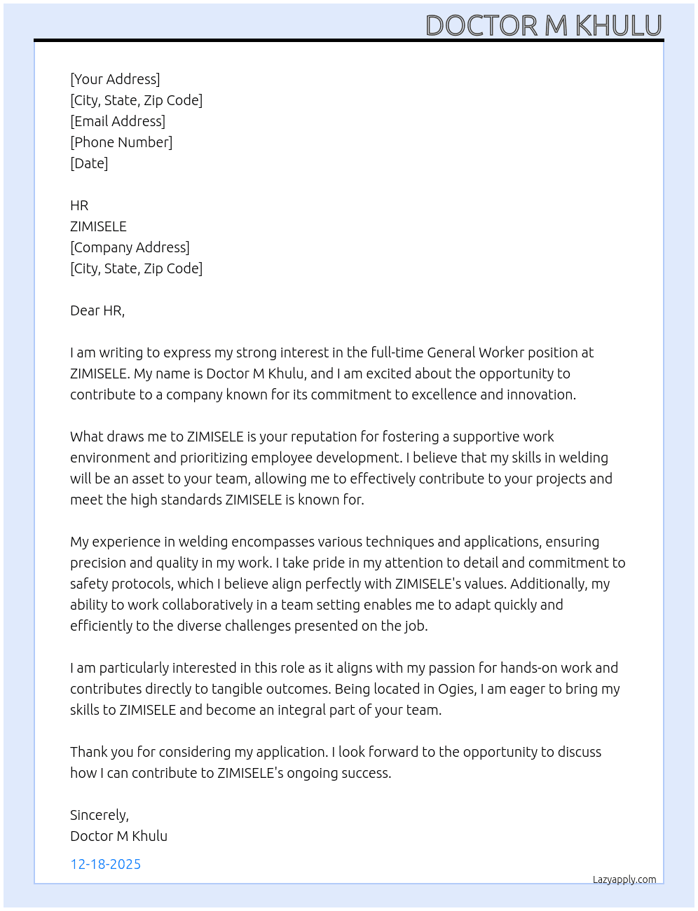 GENERAL WORKER At ZIMISELE Cover Letter