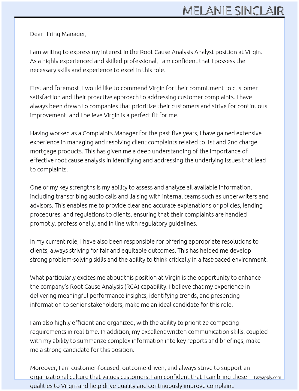 Root Cause Analysis Analyst At Virgin Cover Letter