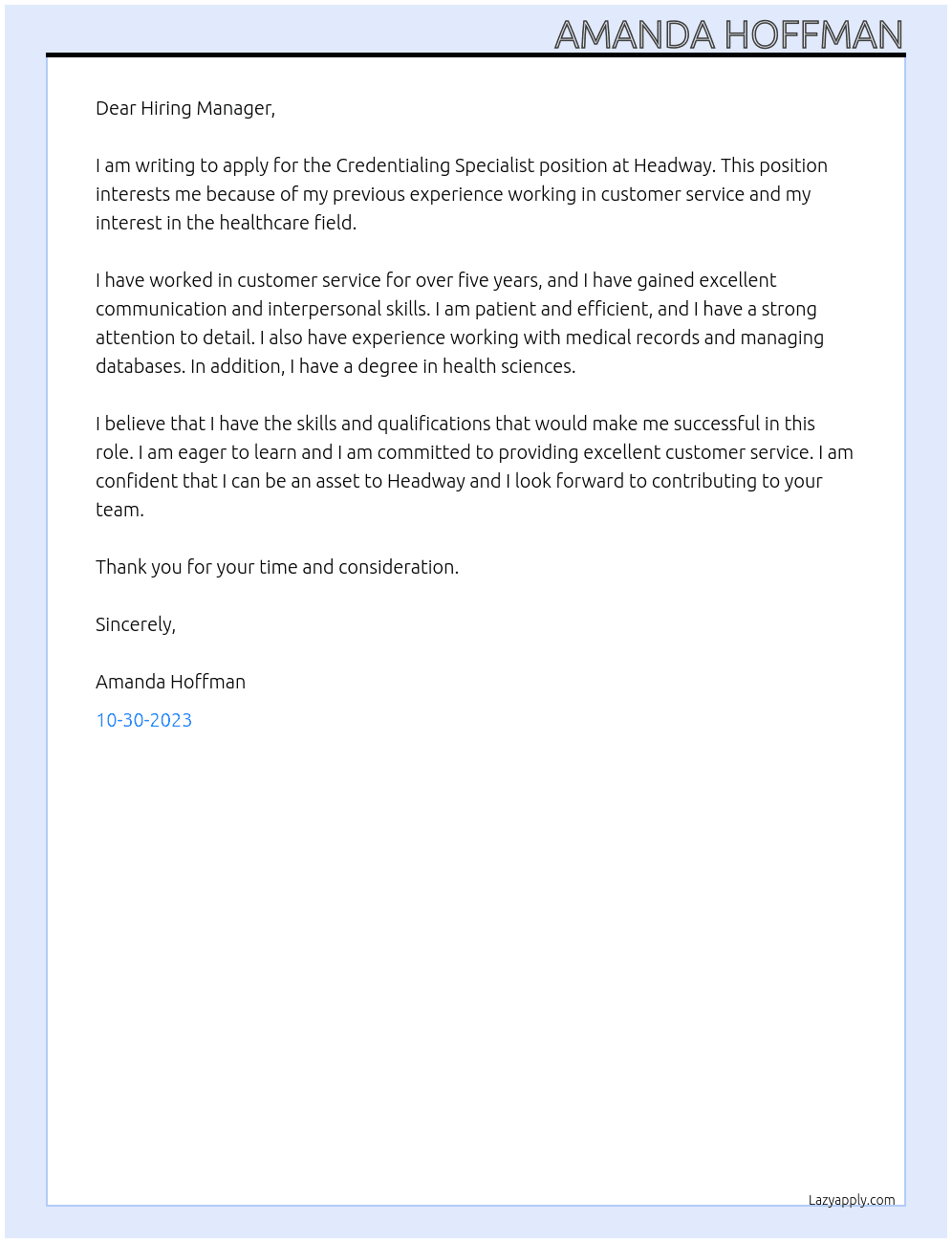 Credentialing Specialist At Headway Cover Letter