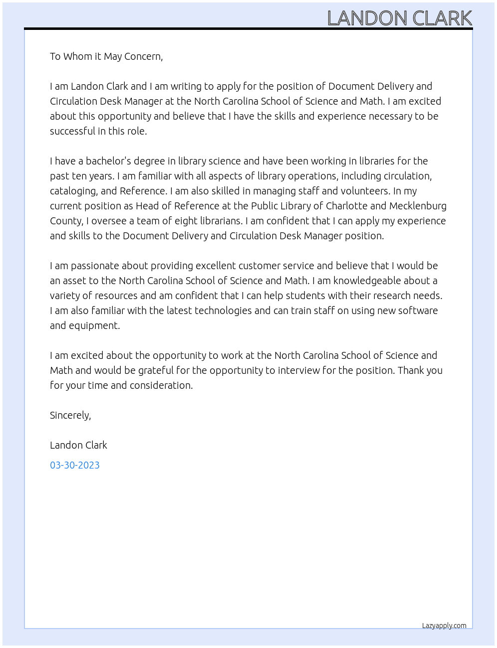 Document Delivery and Circulation Desk Manager At North Carolina School of Science and Math Cover Letter