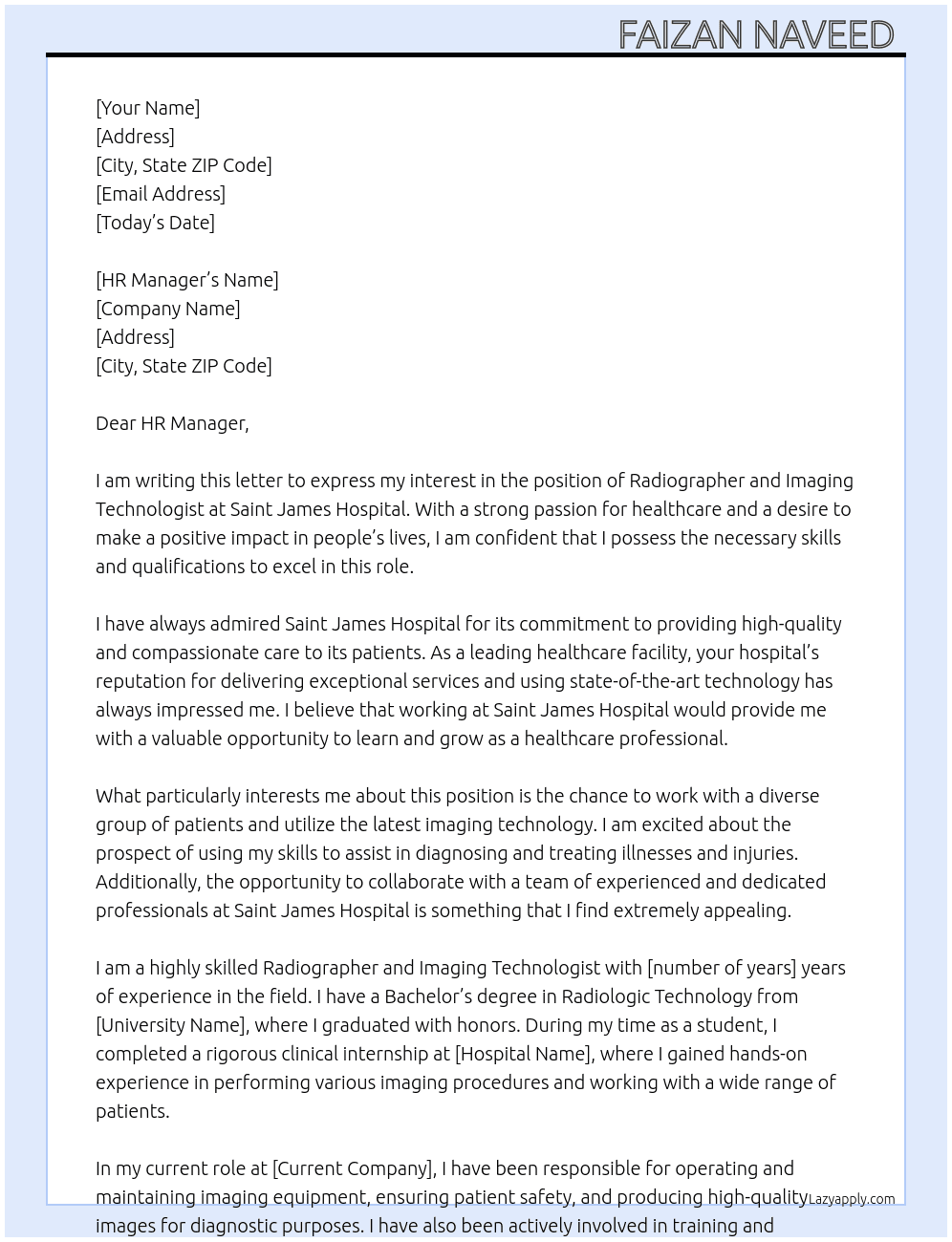 Radiographer and Imaging technologist  At Saint James Hospital  Cover Letter