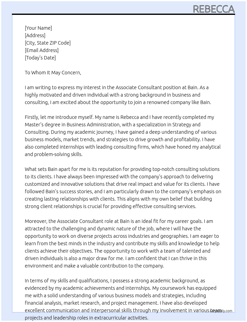 Associate Consultant At Bain Cover Letter