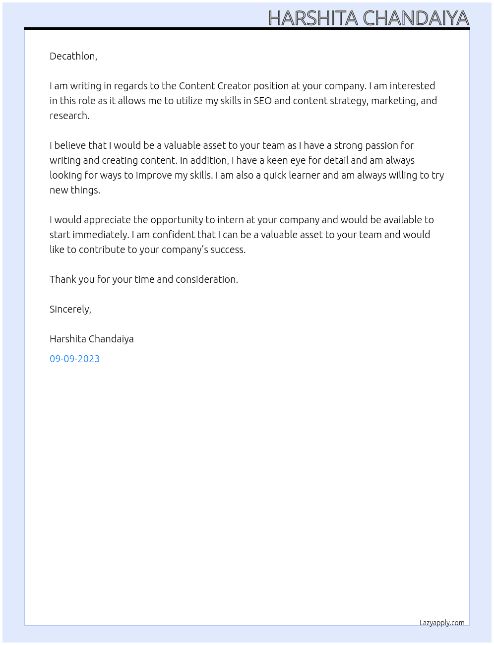 Content Creator At Decathlon Cover Letter
