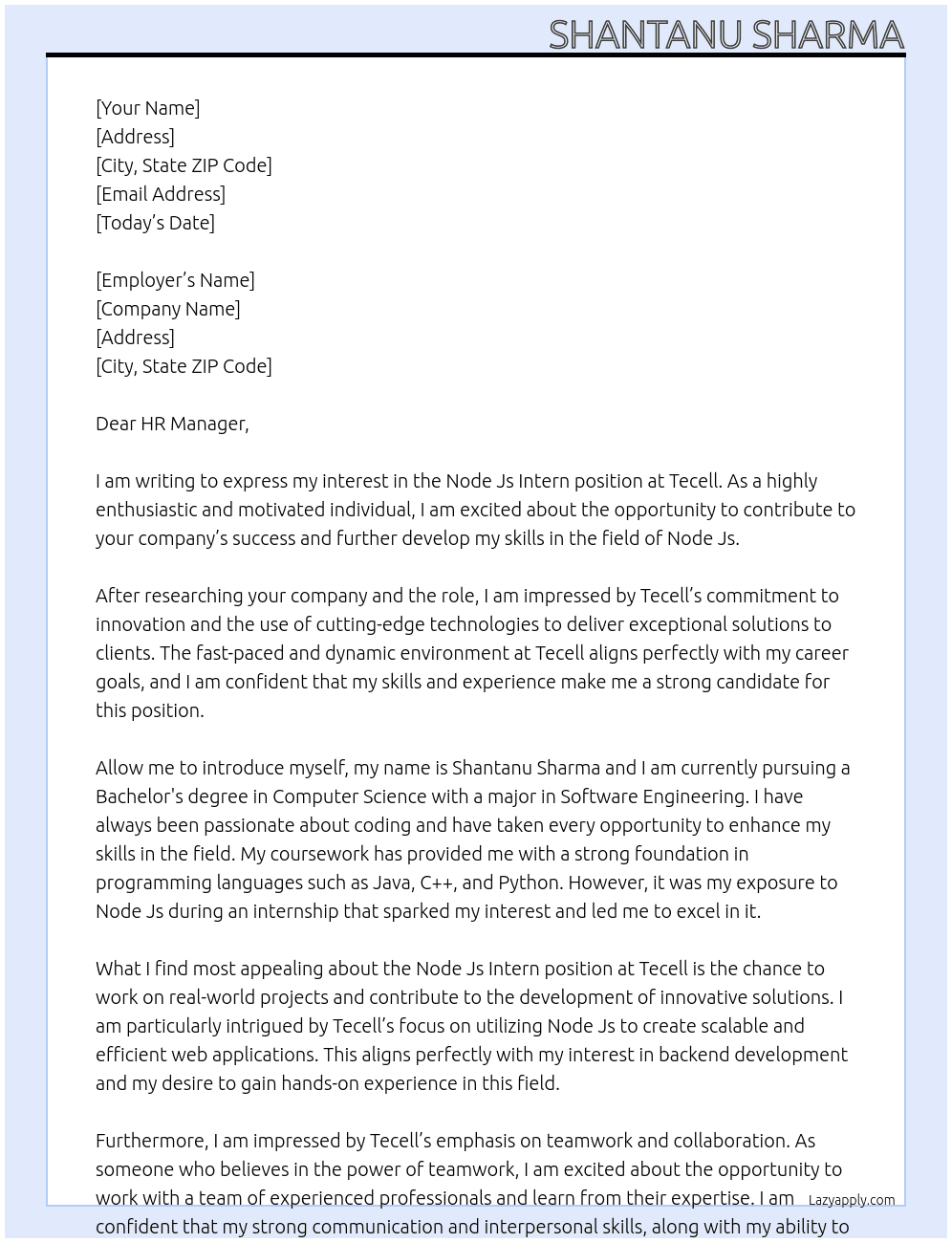 Node Js Intern At Tecell Cover Letter