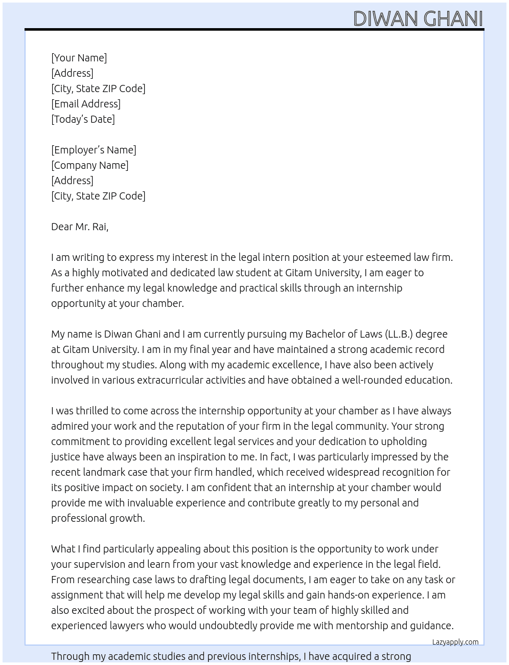 legal intern At Pradeep Rai, senior advocate Cover Letter