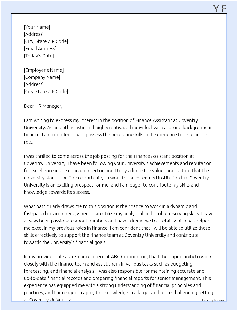 finance assistant At Coventry University Cover Letter