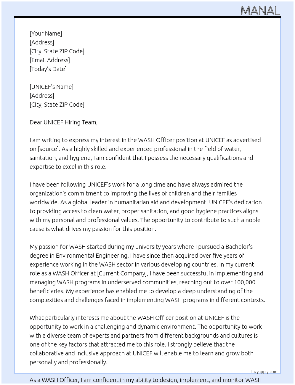 WASH officer At unicef Cover Letter