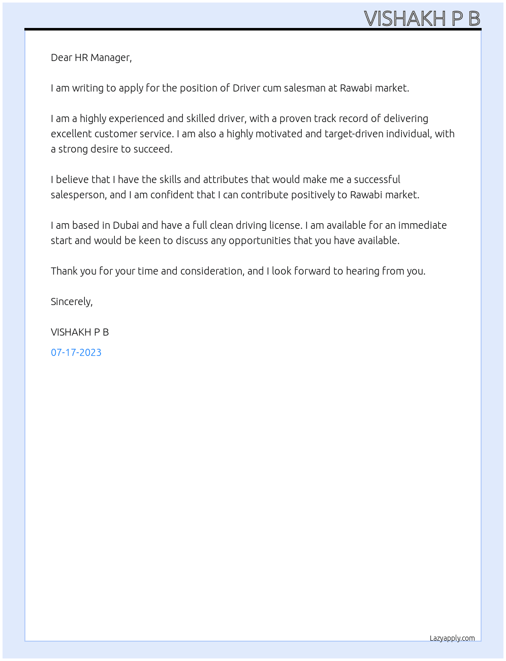 Driver cum salesman At Rawabi market Cover Letter