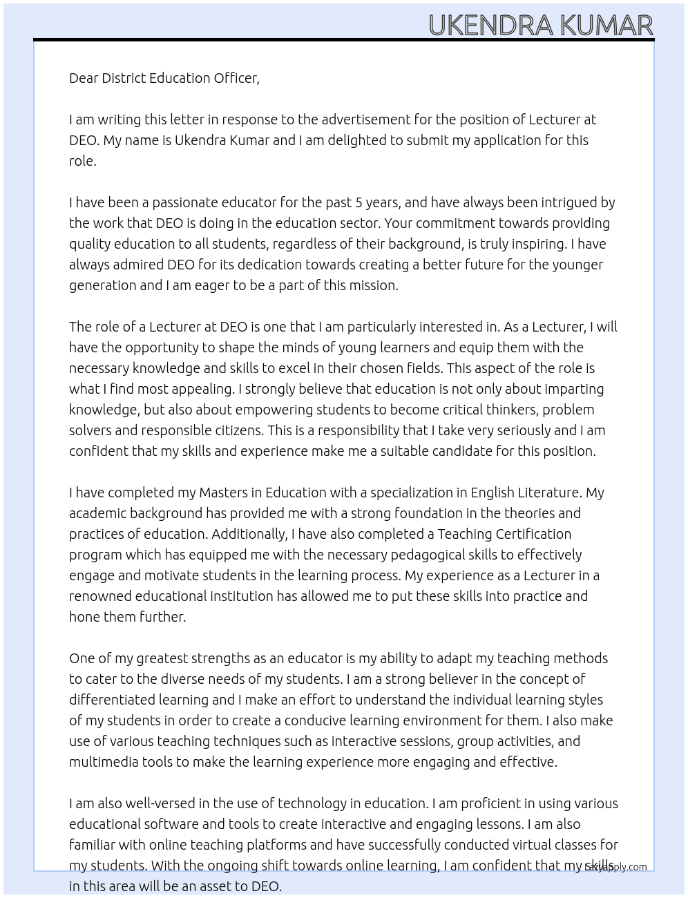 Lecturer  At DEO  Cover Letter