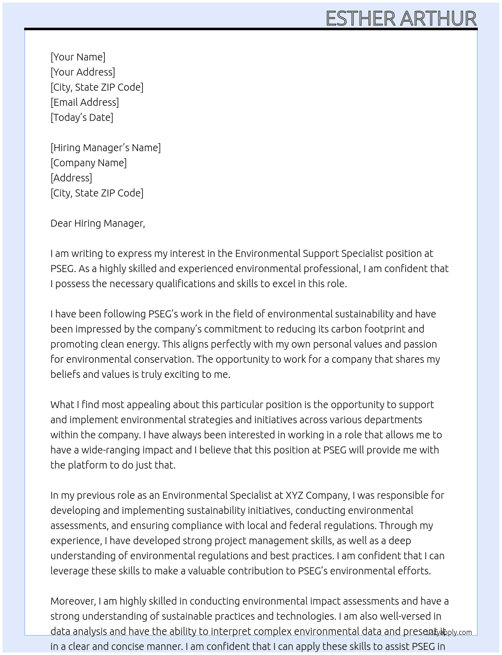 Environmental Support Specialist At PSEG Cover Letter