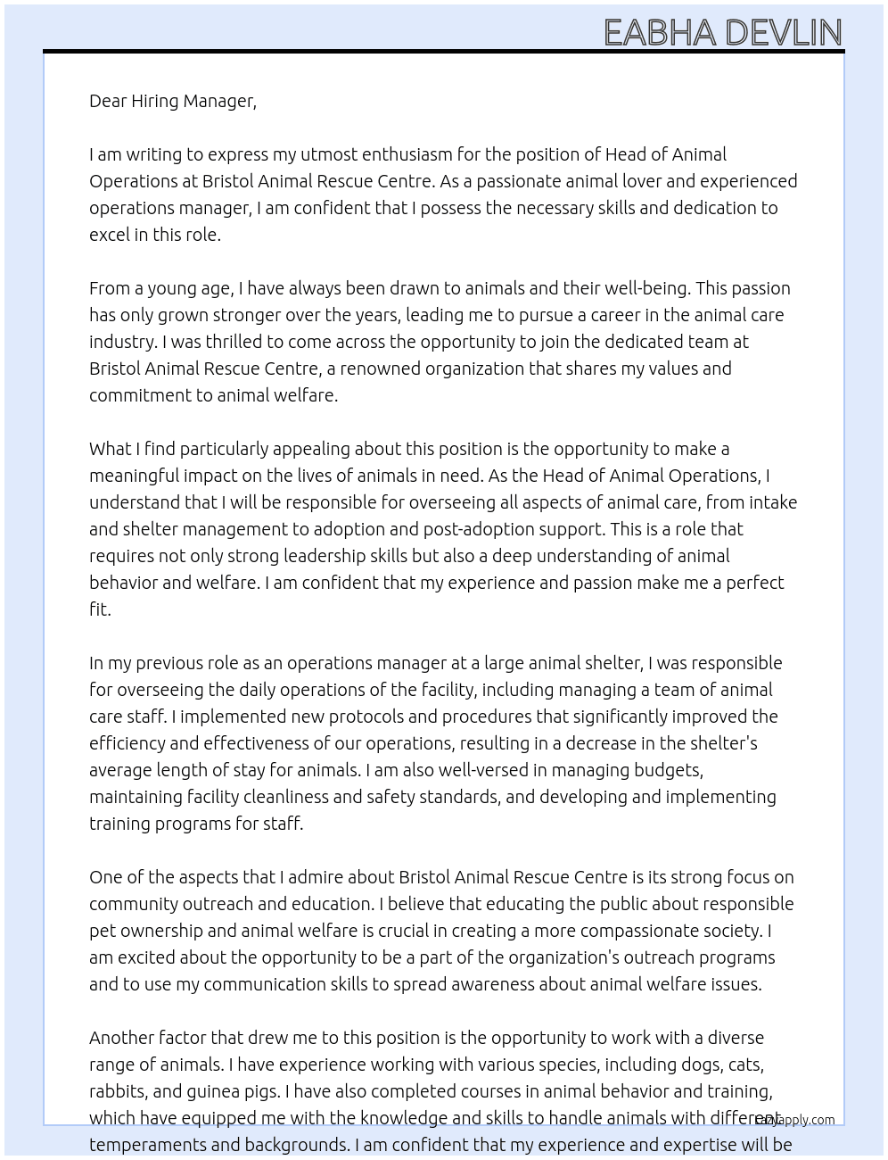 Head of Animal Operations At Bristol Animal Rescue Centre Cover Letter