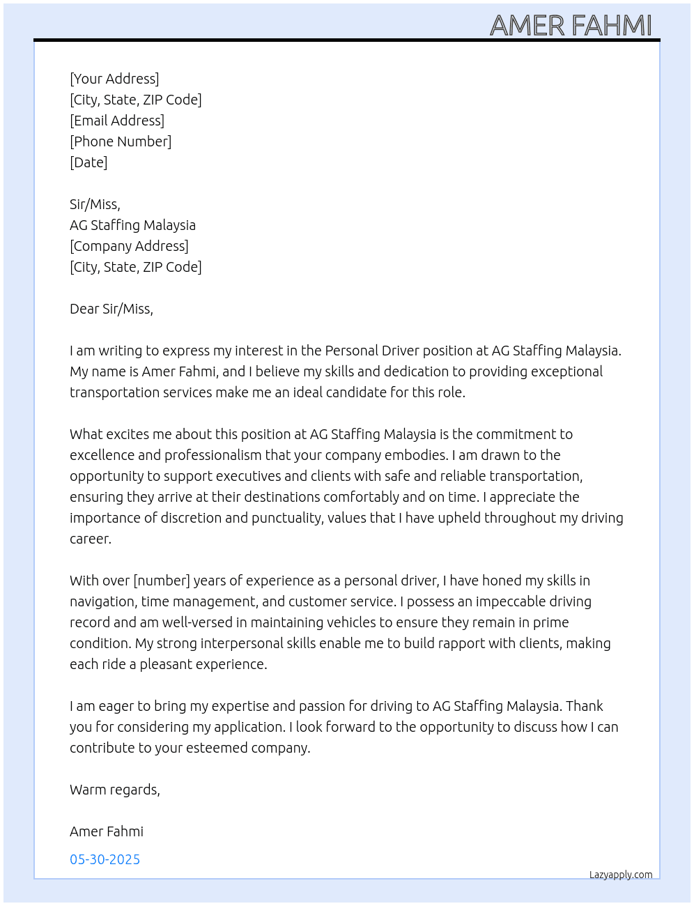 personal driver At AG Staffing Malaysia Cover Letter