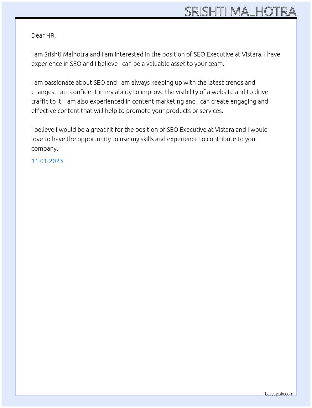 Seo Executive At Vistara Cover Letter