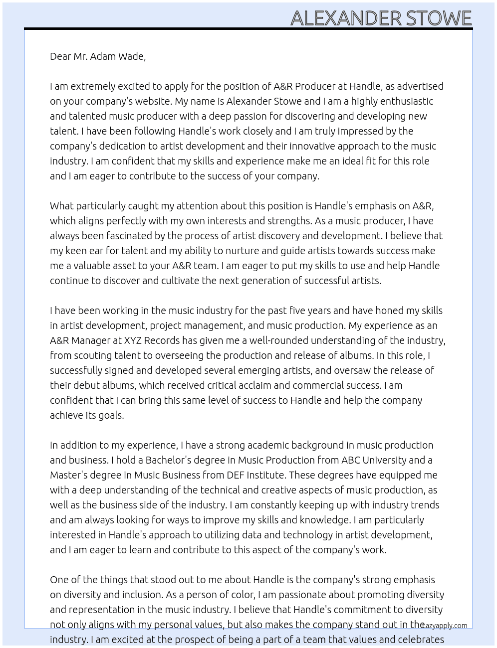 A&R Producer At Handle Cover Letter