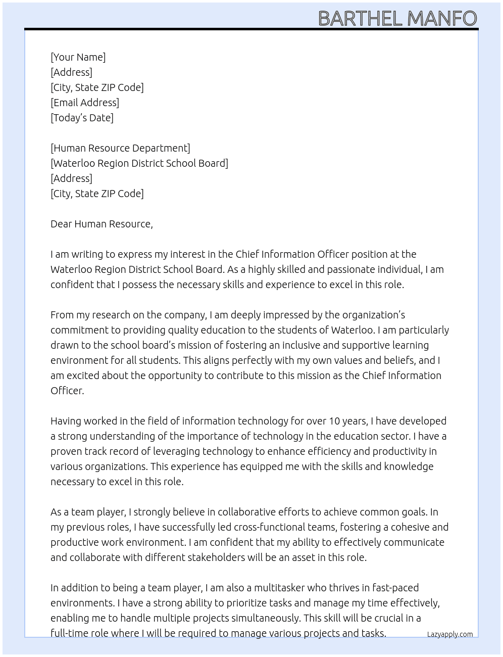 Chief Information Officer At Waterloo Region District School Board Cover Letter