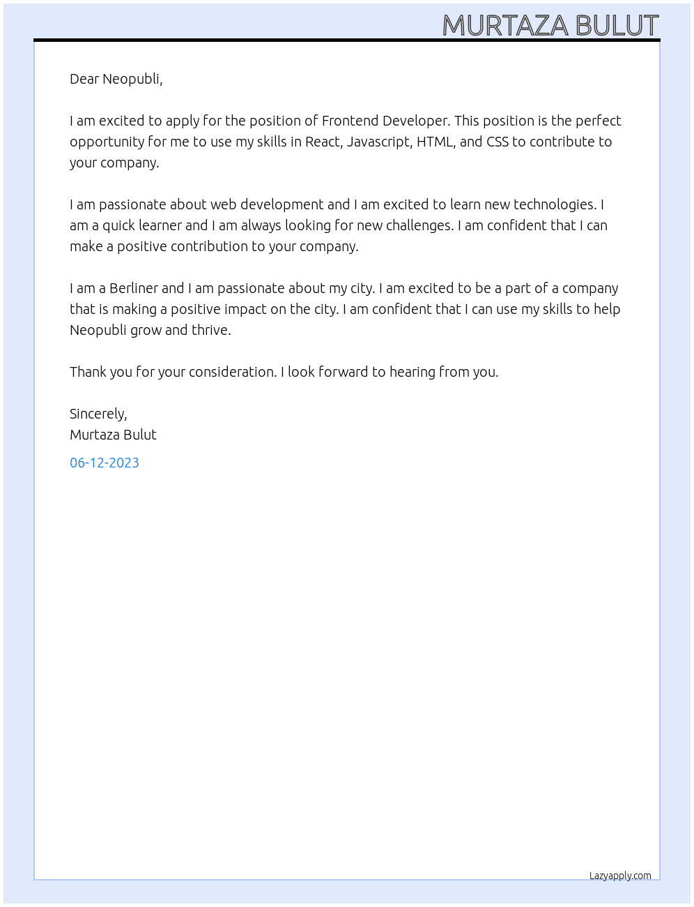 Frontend Developer  At Neopubli Cover Letter