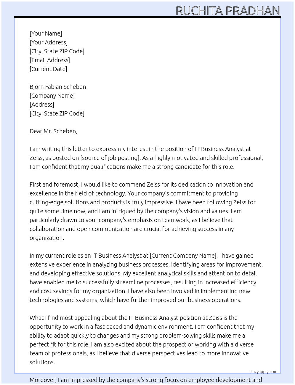 IT Business Analyst  At Zeiss Cover Letter