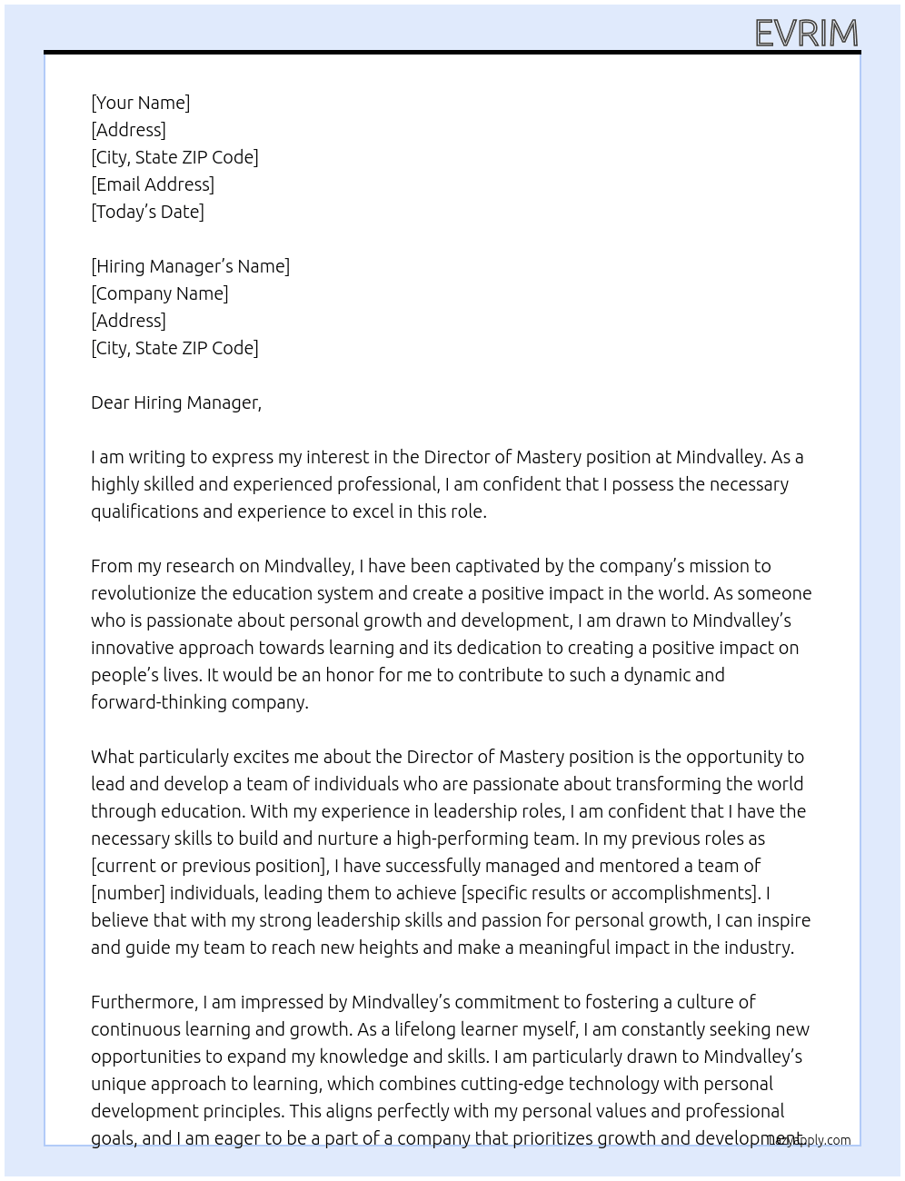 Director of Mastery At Mindvalley Cover Letter