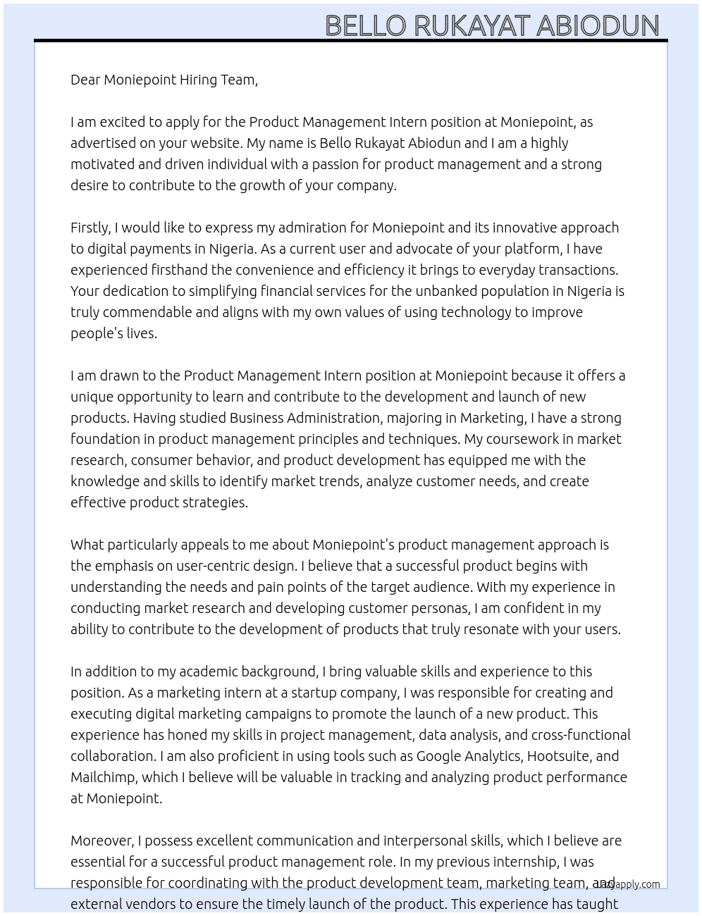 Product Management Intern  At Moniepoint  Cover Letter