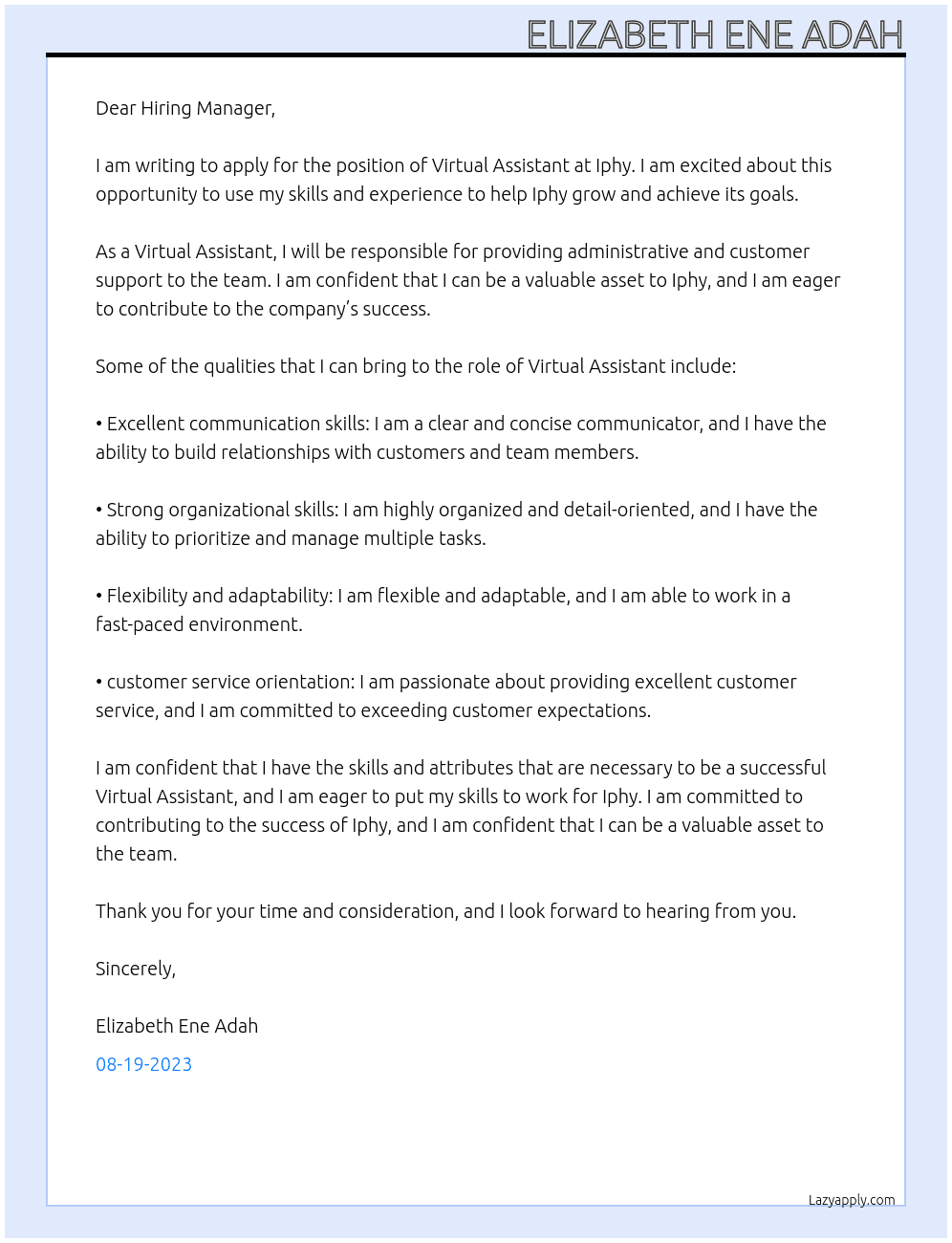 Virtual Assistant  At Iphy Cover Letter
