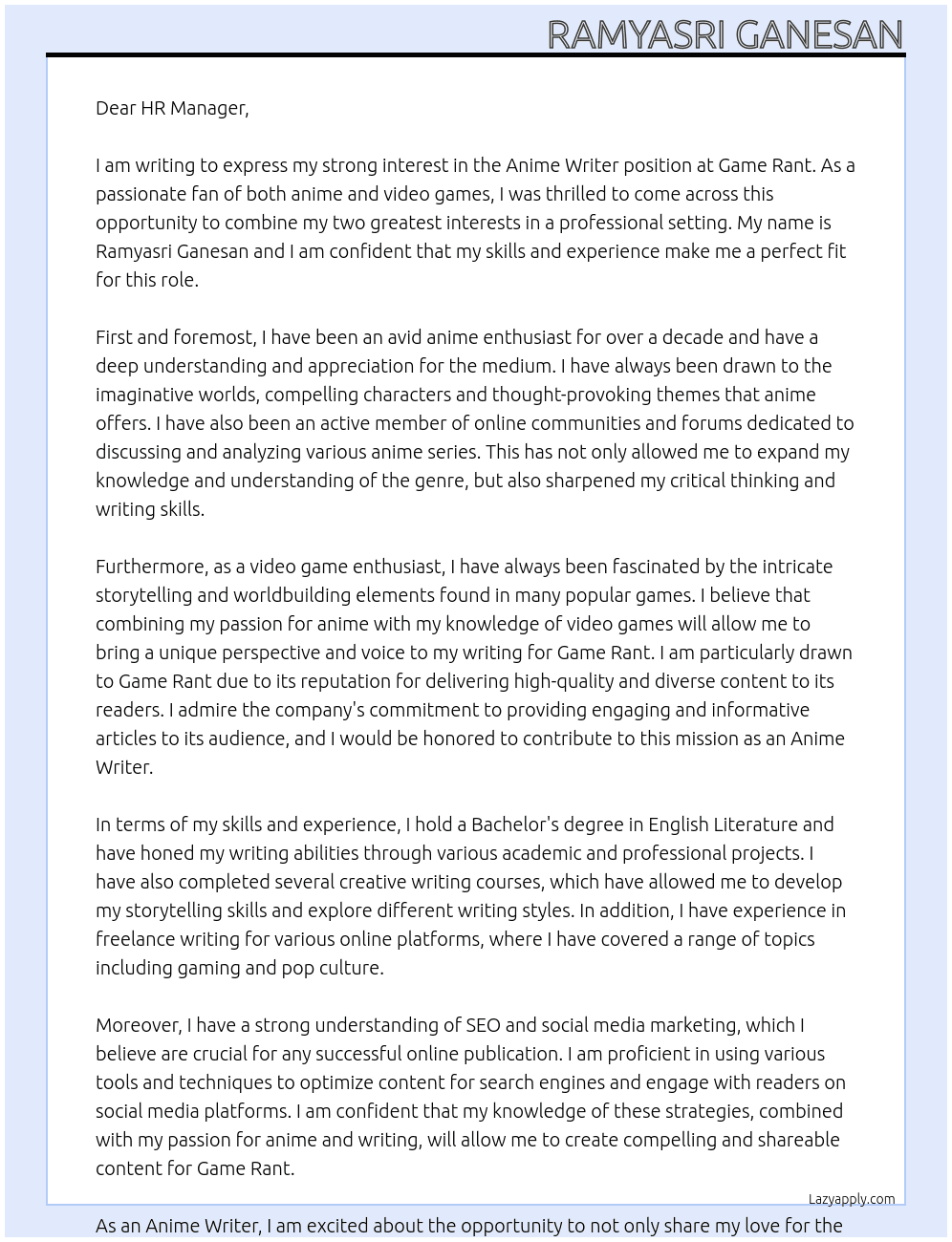 Anime writer  At Game Rant  Cover Letter