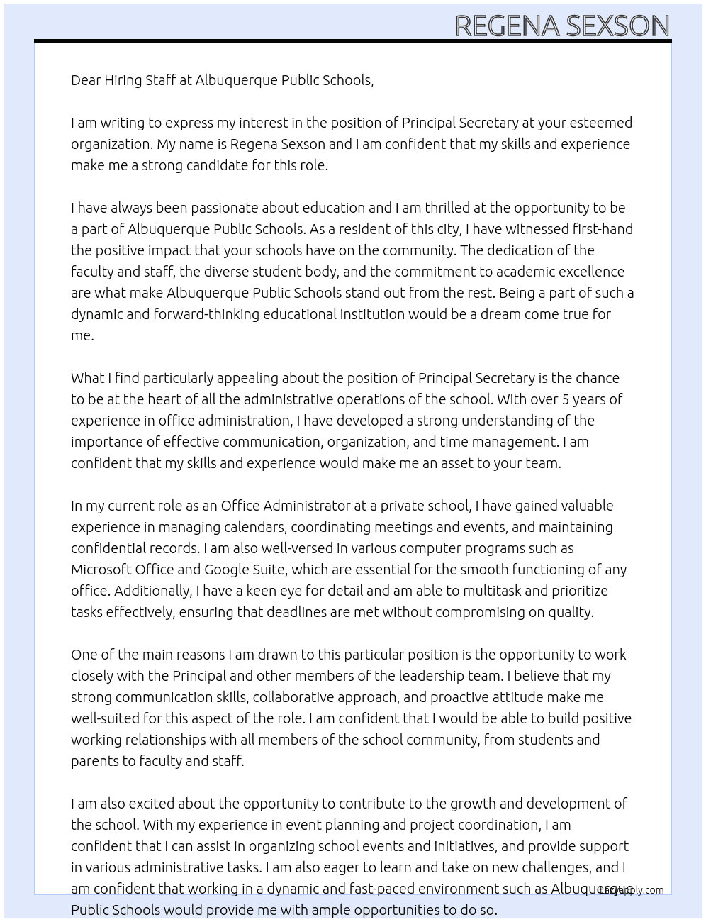 Principal Secretary  At Albuquerque public schools  Cover Letter