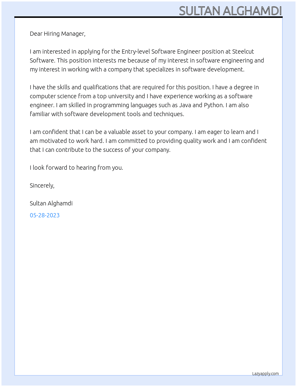 Entry-level Software Engineer At Steelcut Software Cover Letter