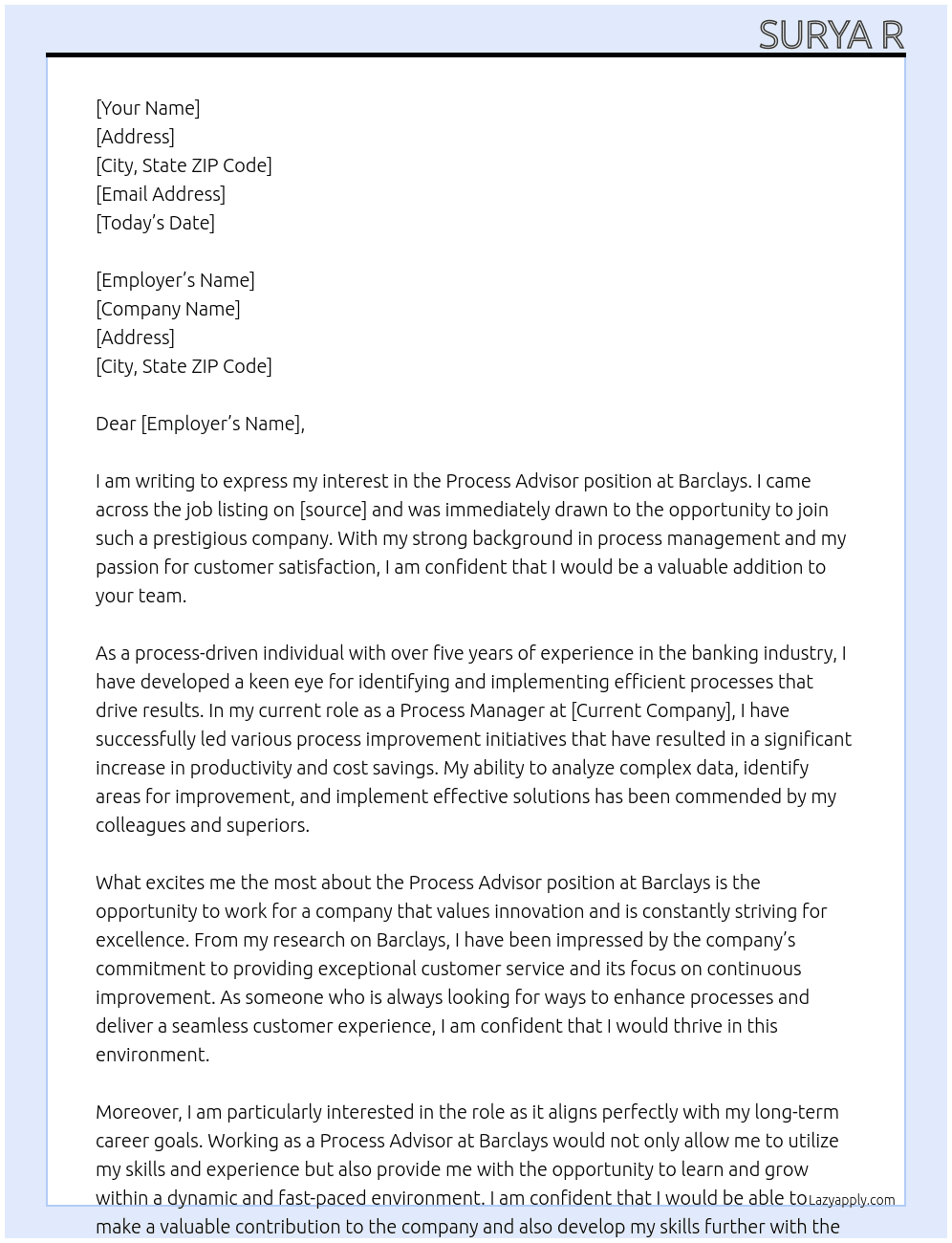 Process Advisor At Barclays Cover Letter
