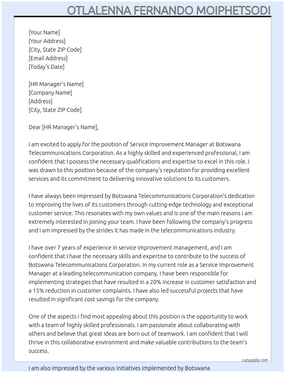 Service Improvement Manager At Botswana Telecommunications Corporation Cover Letter