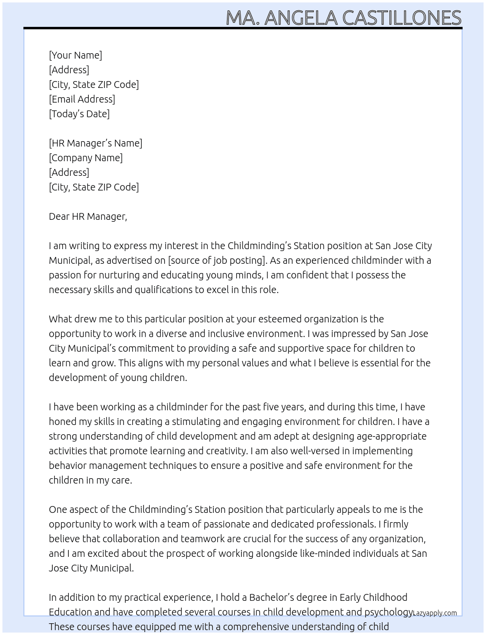 Cover letter for childminding's station - LazyApply